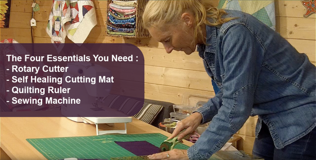 Tracy using a rotary cutter and quilting ruler on a cutting mat for how to start quilting for beginners
