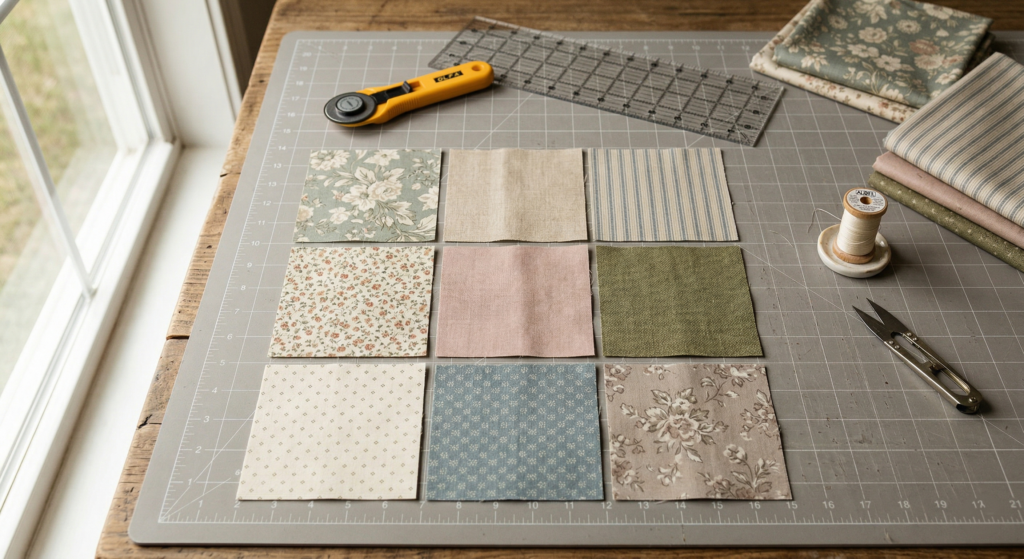 beginners patchwork quilt block laid out in three colours on a cutting mat — how to make a patchwork quilt block