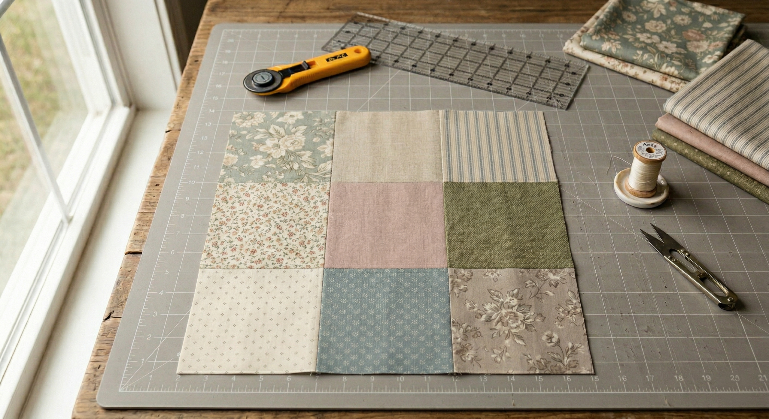 finished nine-patch patchwork quilt block showing seams pressed flat — how to make a patchwork quilt block