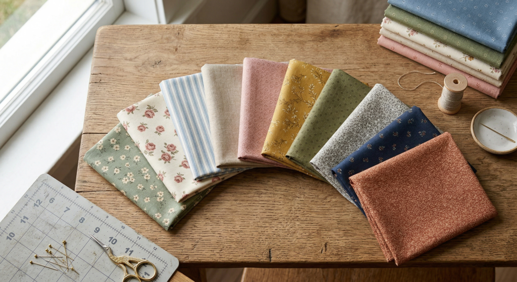 fat quarters in coordinating colours fanned out on a wooden table — what is a fat quarter in quilting