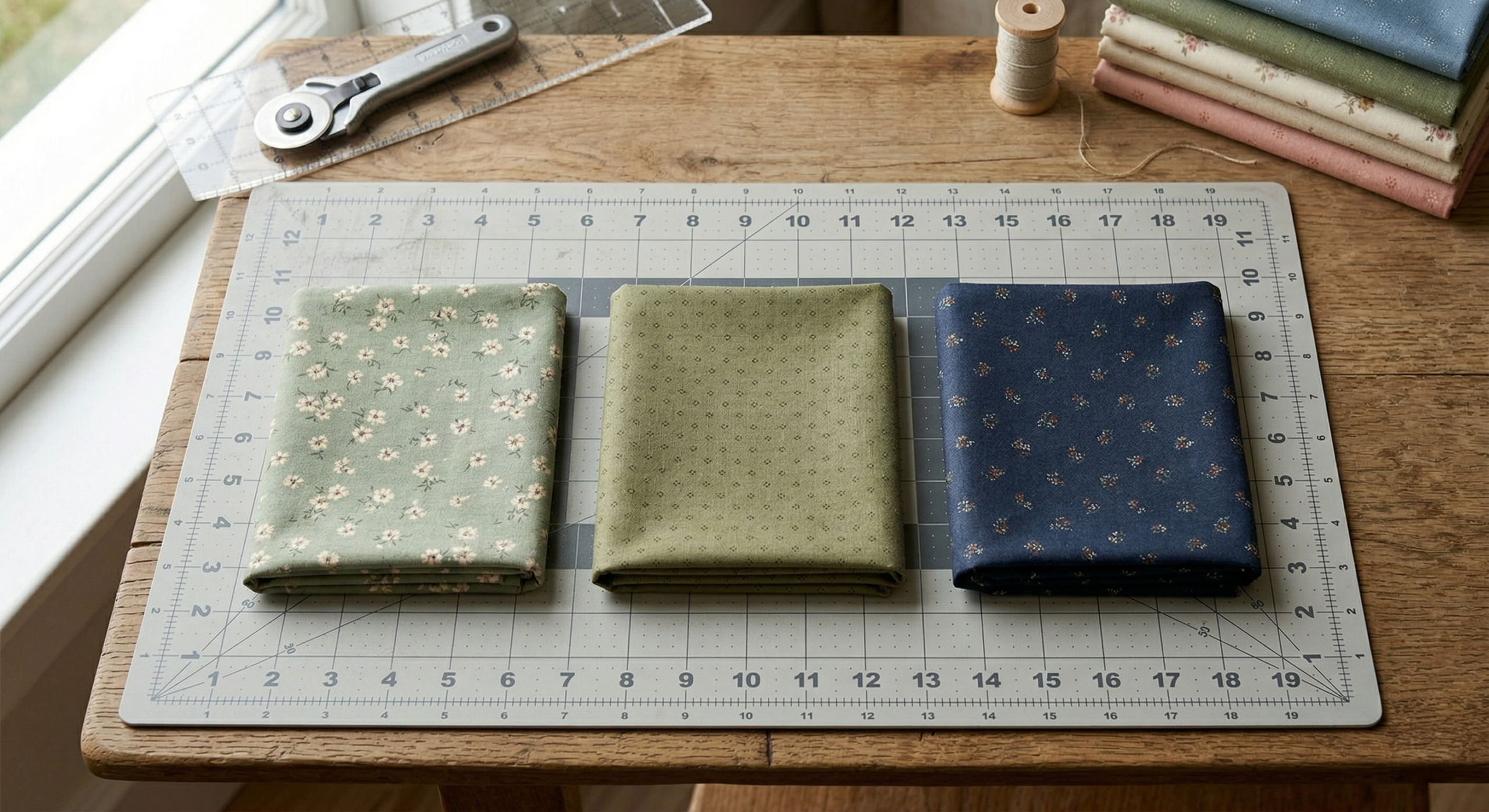 three fat quarters in light, medium, and dark tones arranged on a cutting mat for beginner quilting